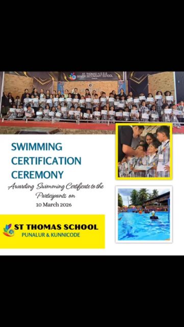 Swimming Certification Ceremony at the end of the Academic Year 2025-26

🏊‍♂️✨ Swimming Certificate Ceremony at St. Thomas School ✨🏊‍♀️
Proud moments, big smiles, and well-earned achievements! 🎉 Our young swimmers were honored for their dedication, hard work, and progress in the pool.
From beginners to advanced levels, every certificate tells a story of courage, discipline, and growth. 💙
A big shoutout to our amazing students, supportive parents, and dedicated coaches for making this event so special! 👏
#StThomasSchoolPunalur #SwimmingSuccess #ProudMoment #YoungAchievers #KeepSwimming