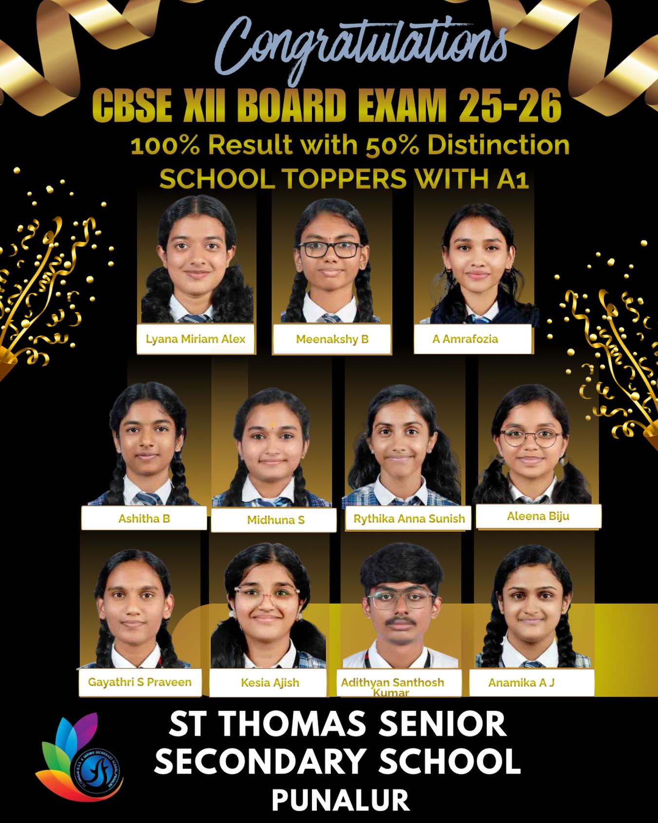 Another milestone of excellence!
Our school proudly records outstanding results in the CBSE Class XII Examination, continuing the tradition of academic brilliance and holistic education.

We congratulate our students for their remarkable achievement and thank our dedicated teachers and supportive parents for being part of this glorious success.

#100PercentResults #CBSEExcellence #SchoolPride #QualityEducation